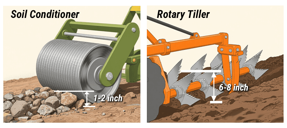 Illustration comparing the working depth of a soil conditioner versus a rotary tiller.