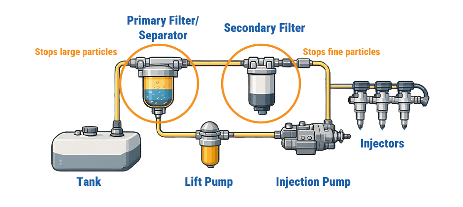 Diagram of a diesel fuel system, showing fuel flow from the tank, through a primary filter/separator, a secondary filter, and finally to the injectors.