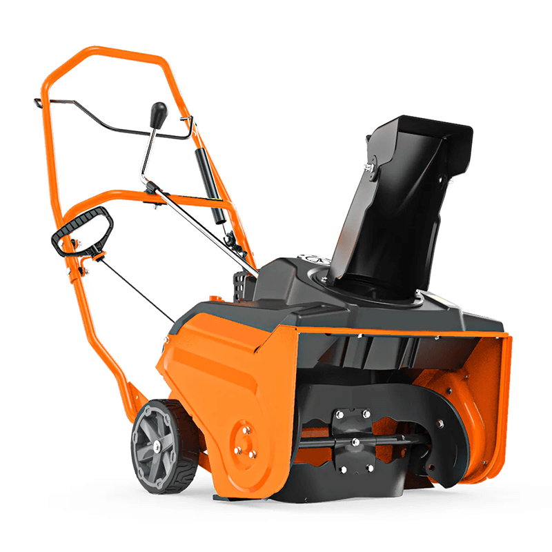 Compact orange single-stage snow blower with a rubber auger paddle.