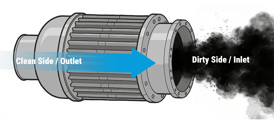 Diagram showing the correct direction to blow compressed air when cleaning a DPF filter.