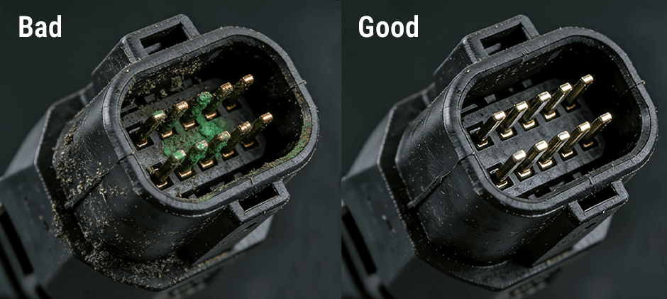 Side-by-side comparison of a bad, corroded electrical connector with green buildup on the pins, and a good, clean connector, illustrating a common cause of P0705.