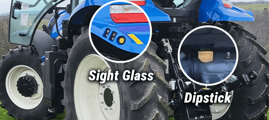 A New Holland tractor showing the two ways to check hydraulic fluid: a close-up of a round sight glass and a close-up of a dipstick.