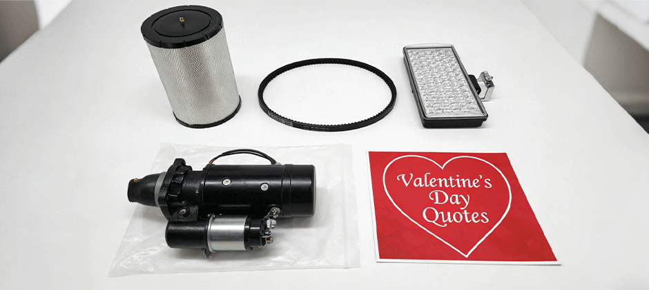 Machinery replacement parts including a filter, belt, work light, and starter motor arranged next to a red card reading Valentine's Day Quotes.