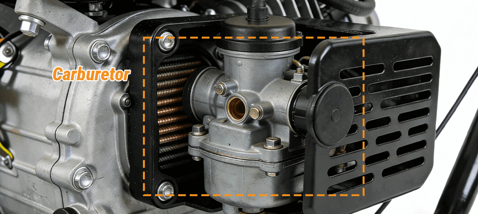 Close-up of a small engine with the snow blower carburetor location highlighted by a dotted orange box.
