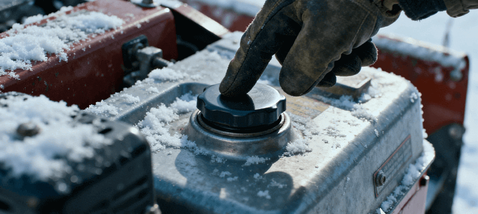 A gloved hand pressing the primer bulb on a Toro snow blower engine to pump fuel into the carburetor.