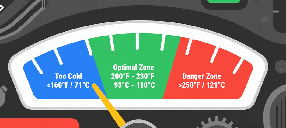 Illustration of an engine oil temperature gauge showing optimal range between 200°F and 230°F, and danger zone above 250°F.