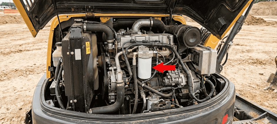 The engine compartment of a mini excavator with a large red arrow clearly pointing to the location of the white engine oil filter.