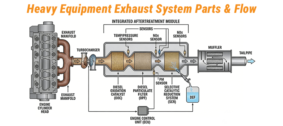 Diagram showing the flow of exhaust from an engine through the turbo, after-treatment system (DOC, DPF, SCR), and muffler.