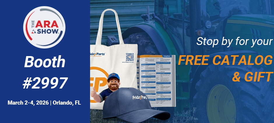 Promotional image showing free gifts, including a catalog and hat, available at the FridayParts booth #2997 at The ARA Show.