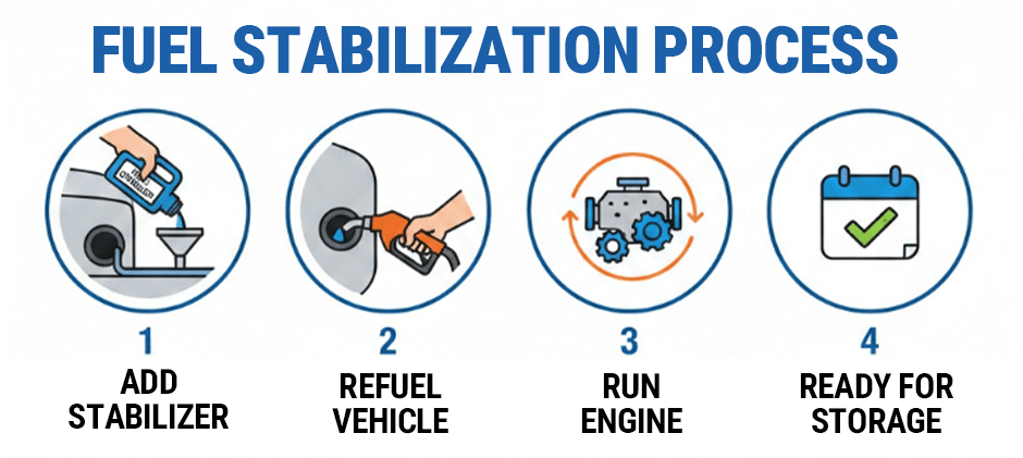 Infographic showing the 4-step fuel stabilization process: 1. Add stabilizer, 2. Refuel vehicle, 3. Run engine, 4. Ready for storage.