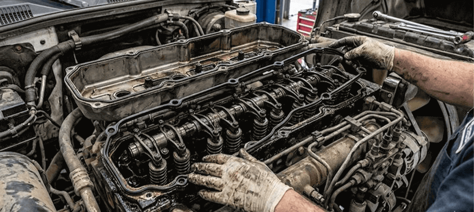 A mechanic's gloved hands working on an open diesel engine, showing the valvetrain during a valve cover gasket replacement.