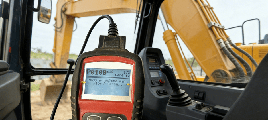 A diagnostic scanner showing code P0100 resting inside the operator's cab, with the machine's controls visible.