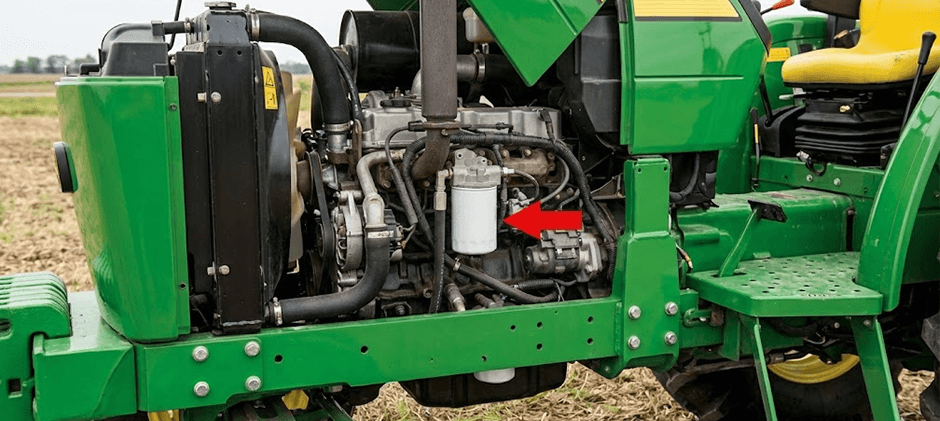 A red arrow pointing to the white engine oil filter located on the side of a green tractor's engine.
