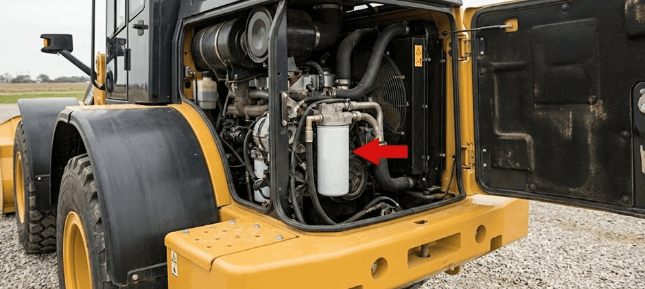 The open engine bay of a wheel loader, with a red arrow indicating the position of the engine oil filter next to the radiator.