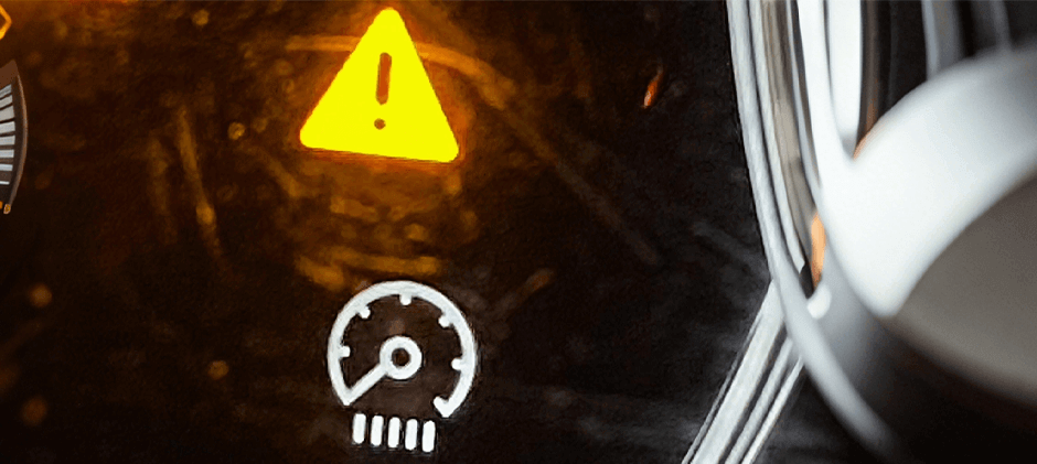Close-up of a glowing yellow triangle with an exclamation point warning light on a heavy equipment dashboard.