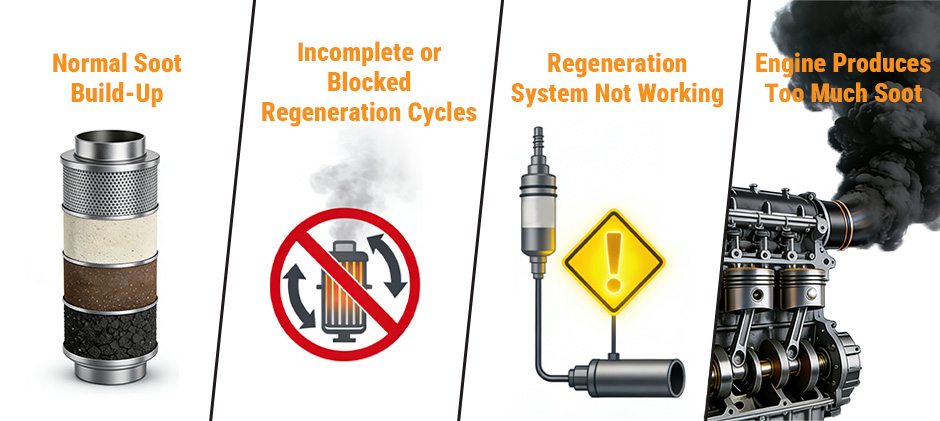 An infographic illustrating the four common causes for DPF fault code SPN 3720 FMI 15: normal soot build-up in a filter, a blocked regeneration cycle icon, a faulty regen system sensor, and an engine emitting excessive black smoke.