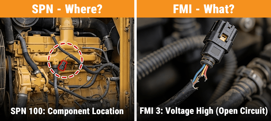 A two-panel image explaining J1939 codes. The left shows SPN 100 pointing to a sensor on an engine ('Where'), and the right shows FMI 3 as a damaged connector with frayed wires ('What').
