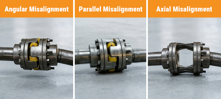 A flexible coupling demonstrating how it corrects the three types of shaft misalignment: angular, parallel, and axial.