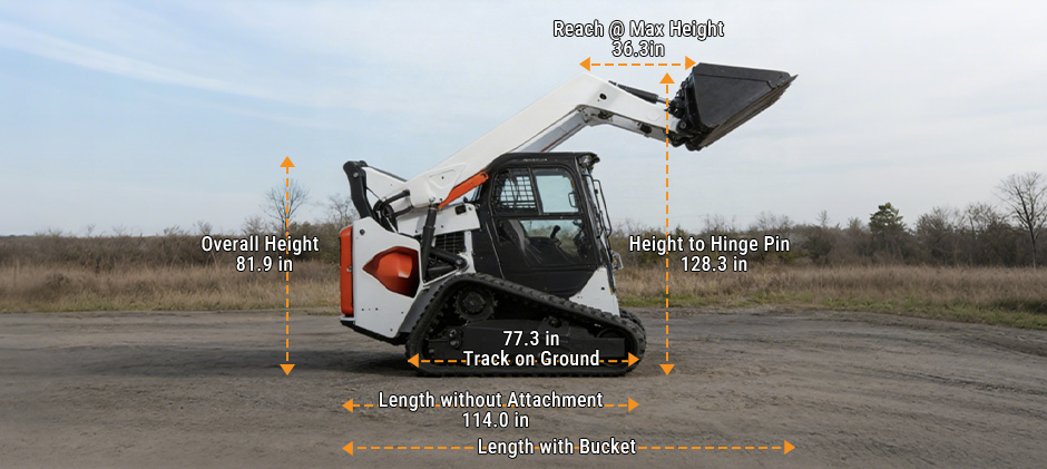 A diagram showing the key dimensions of a Bobcat T76 compact track loader, including its overall height (81.9 in), length without attachment (114.0 in), height to hinge pin (128.3 in), and reach at max height (36.3 in).