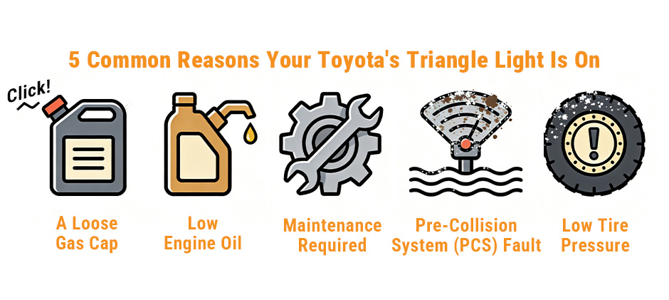 An infographic showing the 5 common reasons for Toyota's triangle warning light: a loose gas cap, low engine oil, maintenance required, a Pre-Collision System (PCS) fault, and low tire pressure.