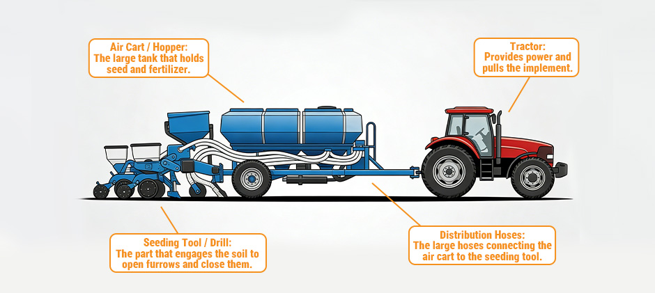 A diagram illustrating the main components of an air seeder system, showing the tractor providing power, the air cart holding seed, distribution hoses connecting them, and the seeding tool engaging the soil.