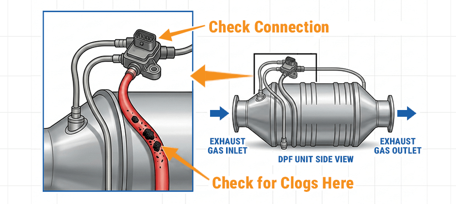 Diagram showing the DPF pressure sensor and hoses, with arrows pointing to check the electrical connection and to inspect the hose for soot clogs.