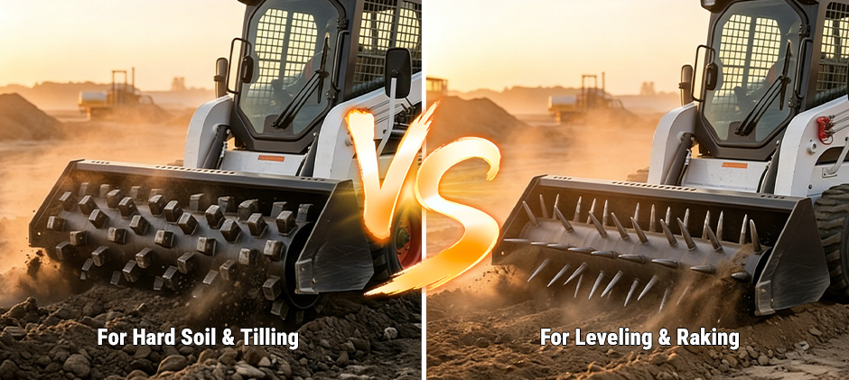  Comparison of a carbide tooth soil conditioner for tilling hard soil versus a spike tooth conditioner for leveling and raking.