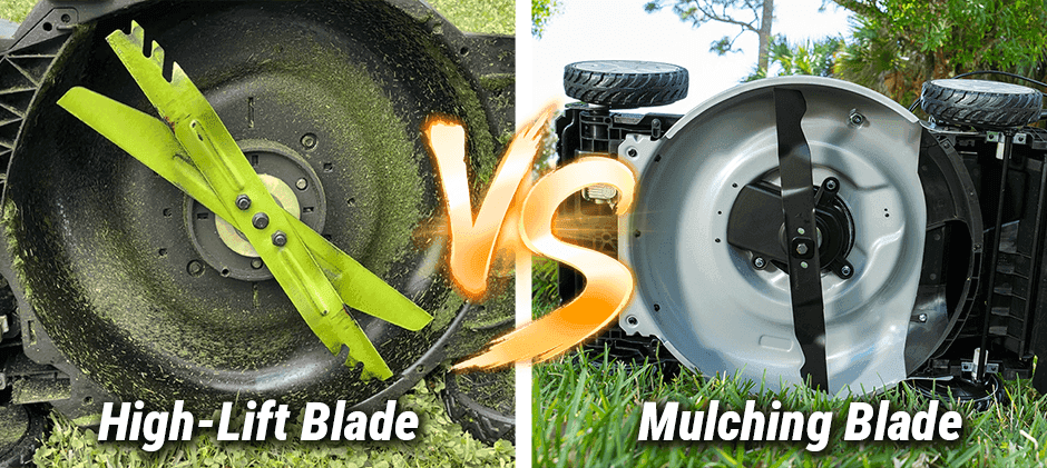 A side-by-side comparison showing the physical differences between a high-lift mower blade on a used deck and a curved mulching blade on a new deck.