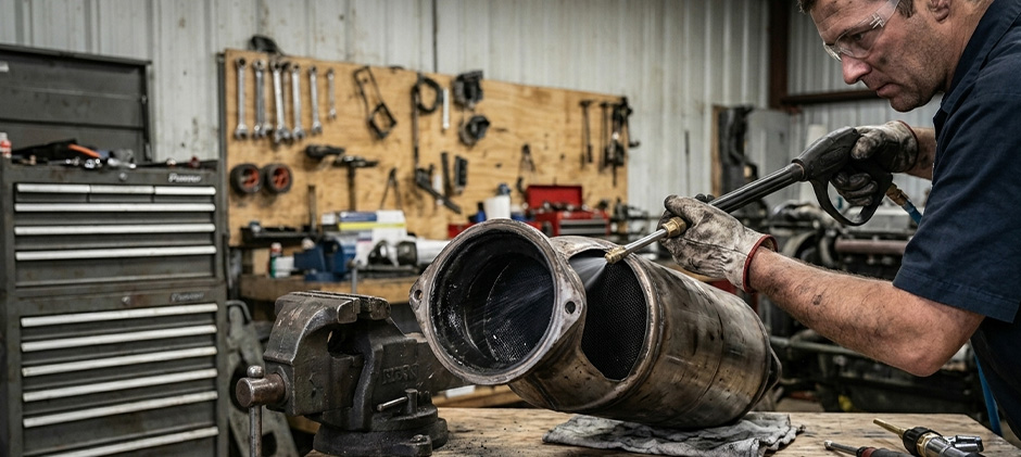 A technician performs a professional off-machine cleaning on a DPF filter, using a high-pressure air tool to blow out accumulated soot and ash from the honeycomb structure.