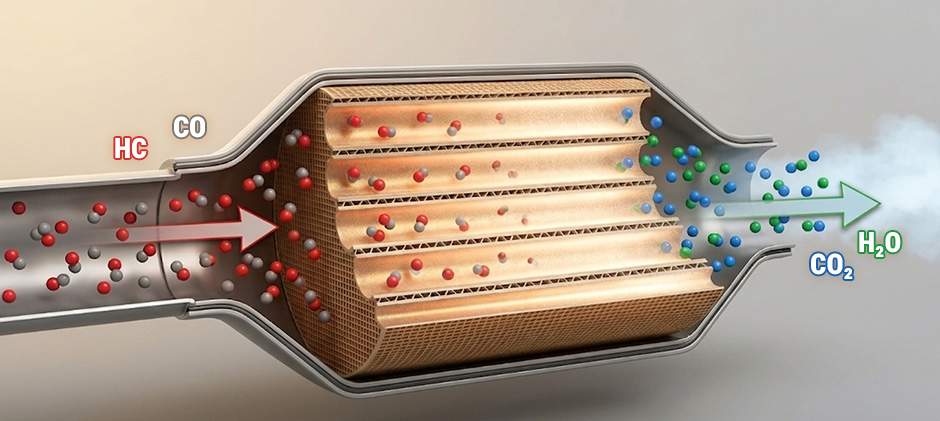 An illustration showing how a catalytic converter cleans exhaust by changing harmful carbon monoxide (CO) and hydrocarbons (HC) into harmless water (H2O) and carbon dioxide (CO2).