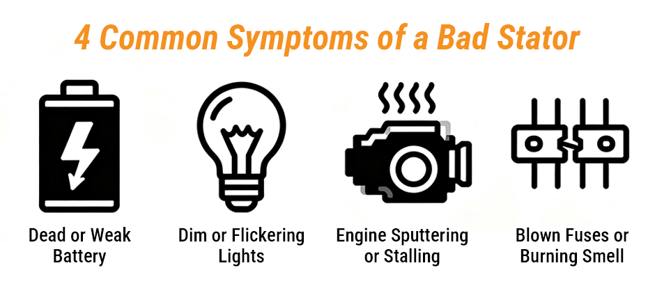 Infographic illustrating the 4 common symptoms of a bad stator: a dead or weak battery, dim or flickering lights, engine sputtering or stalling, and blown fuses or a burning smell.