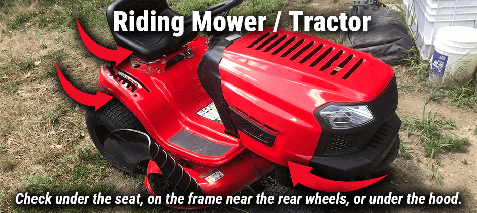 A red riding lawn mower with arrows pointing to common locations for the serial number tag: under the seat, on the frame near the rear wheels, and under the hood.