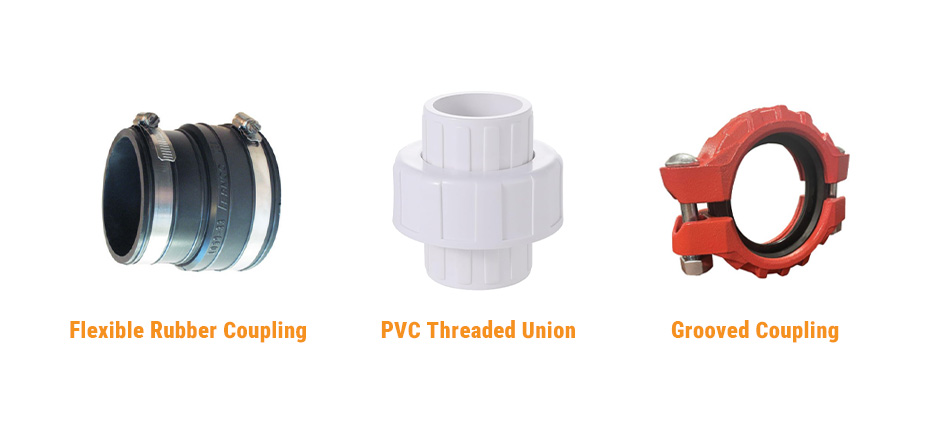 Three common types of pipe couplings shown side-by-side: a black flexible rubber coupling with metal clamps, a white PVC threaded union, and a red grooved coupling.