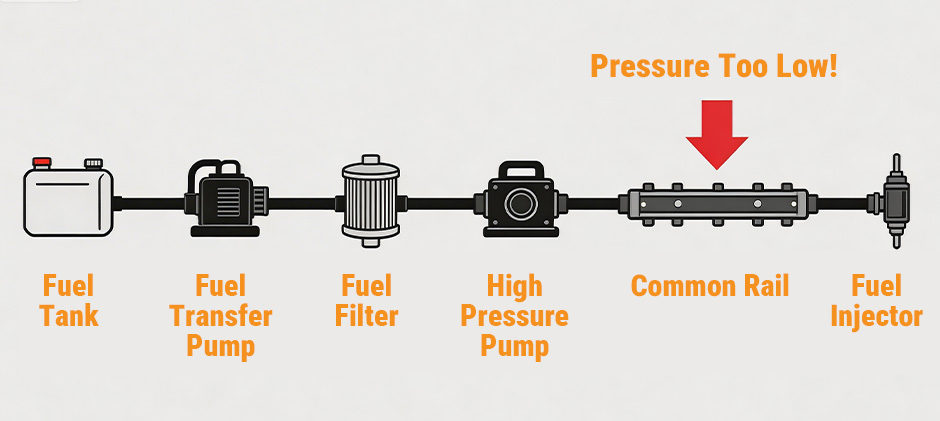 Diagram of a common rail fuel system showing low pressure at the rail, which triggers the SPN 157 FMI 18 fault code.