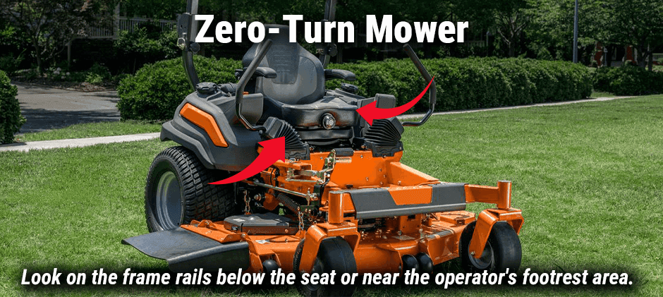 An orange zero-turn mower with arrows indicating where to find the serial number on the frame rails below the seat and near the operator's footrest.
