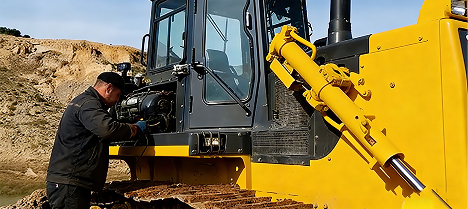 A person is repairing an excavator.