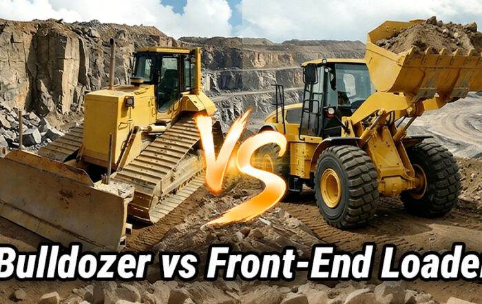 A yellow bulldozer and a yellow front-end loader face off in a quarry with the text 'Bulldozer vs Front-End Loader' in the middle.