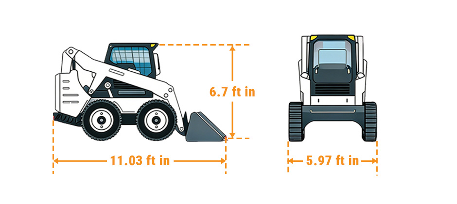 A technical drawing showing the dimensions of a Case 1845C skid steer: 11.03 ft long, 5.97 ft wide, and 6.7 ft high.