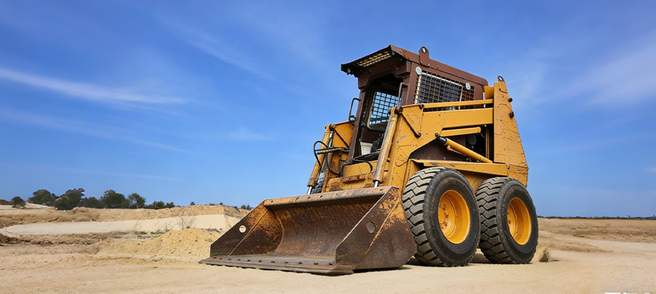 A low-angle front view of a yellow Case 1845C skid steer loader, showing its bucket, large tires, and loader arms on a dirt surface.