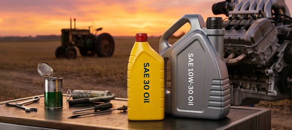 Bottles of SAE 30 and 10W-30 oil on a workbench, ready for an engine oil change on a farm tractor.