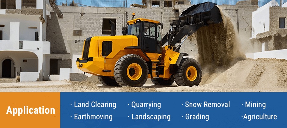 A front-end loader dumping sand on a job site, with text listing its common applications like quarrying, landscaping, and snow removal.