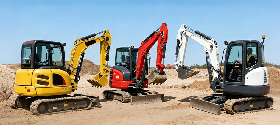 Three mini excavators of different sizes—yellow, red, and white—lined up on sand to show the variation in models and weight classes.