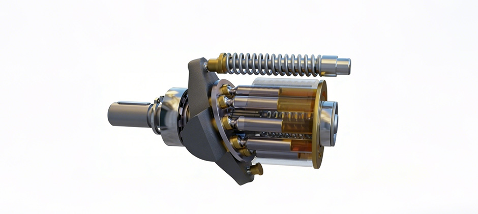 A 3D cutaway model of an assembled axial piston pump, showing how the pistons are driven by the angled swash plate.