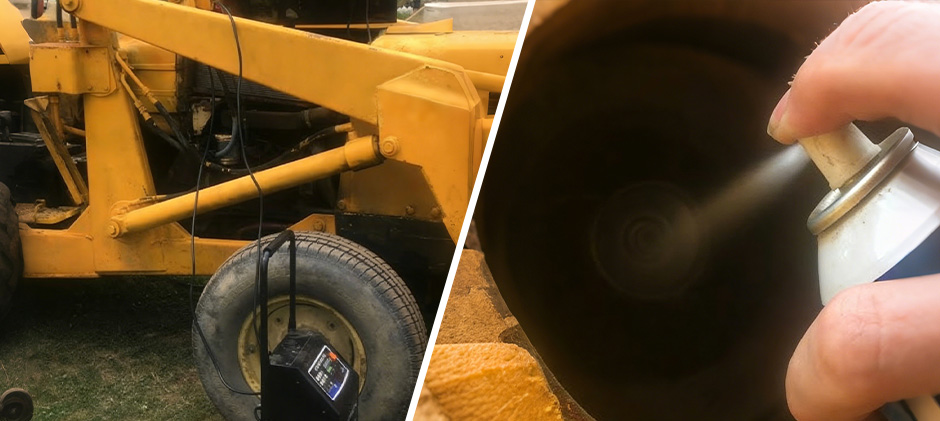 A split image showing a yellow heavy machine and a hand spraying starting fluid directly into an engine's air intake.