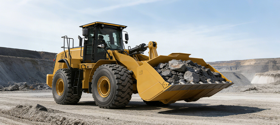 A yellow front-end loader with its bucket full of rocks at a quarry.