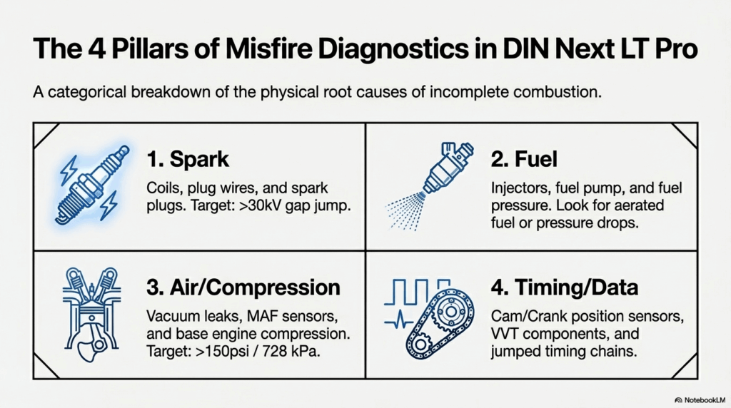  An infographic detailing the four main causes of an engine misfire: problems with Spark, Fuel, Air/Compression, and Timing/Data, each with a corresponding icon.