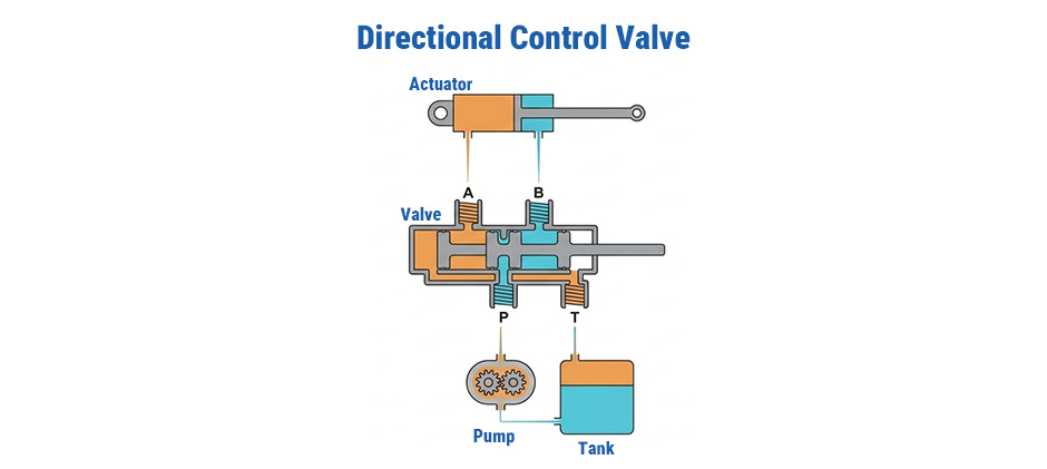 A diagram explaining a directional control valve, showing how the spool moves to direct hydraulic oil from the pump to an actuator.