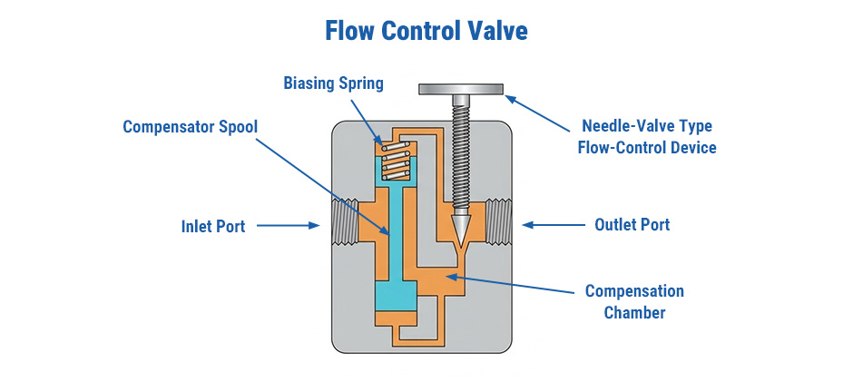 A diagram of a pressure-compensated flow control valve, showing the needle valve and compensator spool that regulate actuator speed.