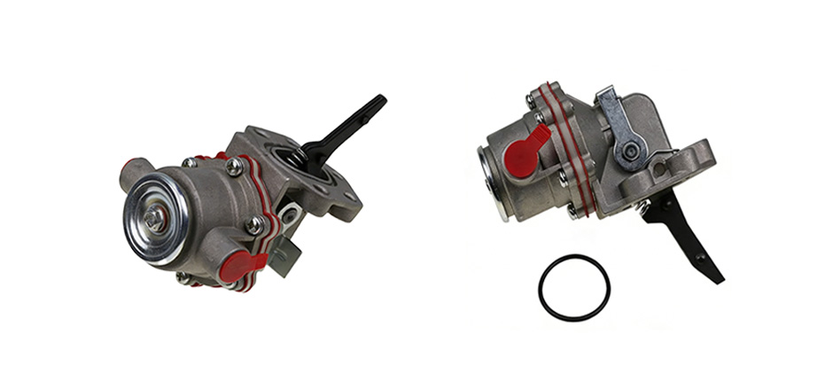 Two views of a mechanical diesel fuel lift pump on a white background, one showing the pump with an included o-ring seal.