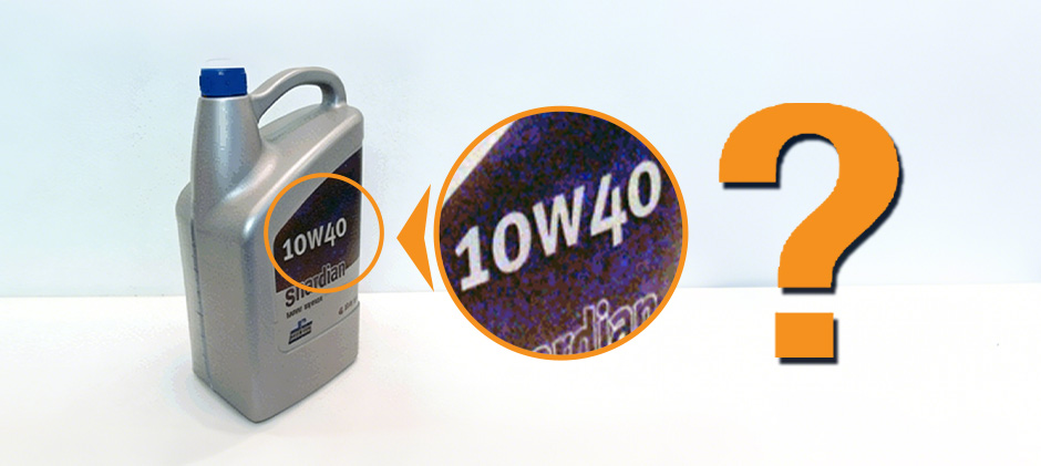 An image showing an oil bottle with the SAE grade 10W-40 highlighted, next to a large question mark, symbolizing the question of what the viscosity numbers mean.